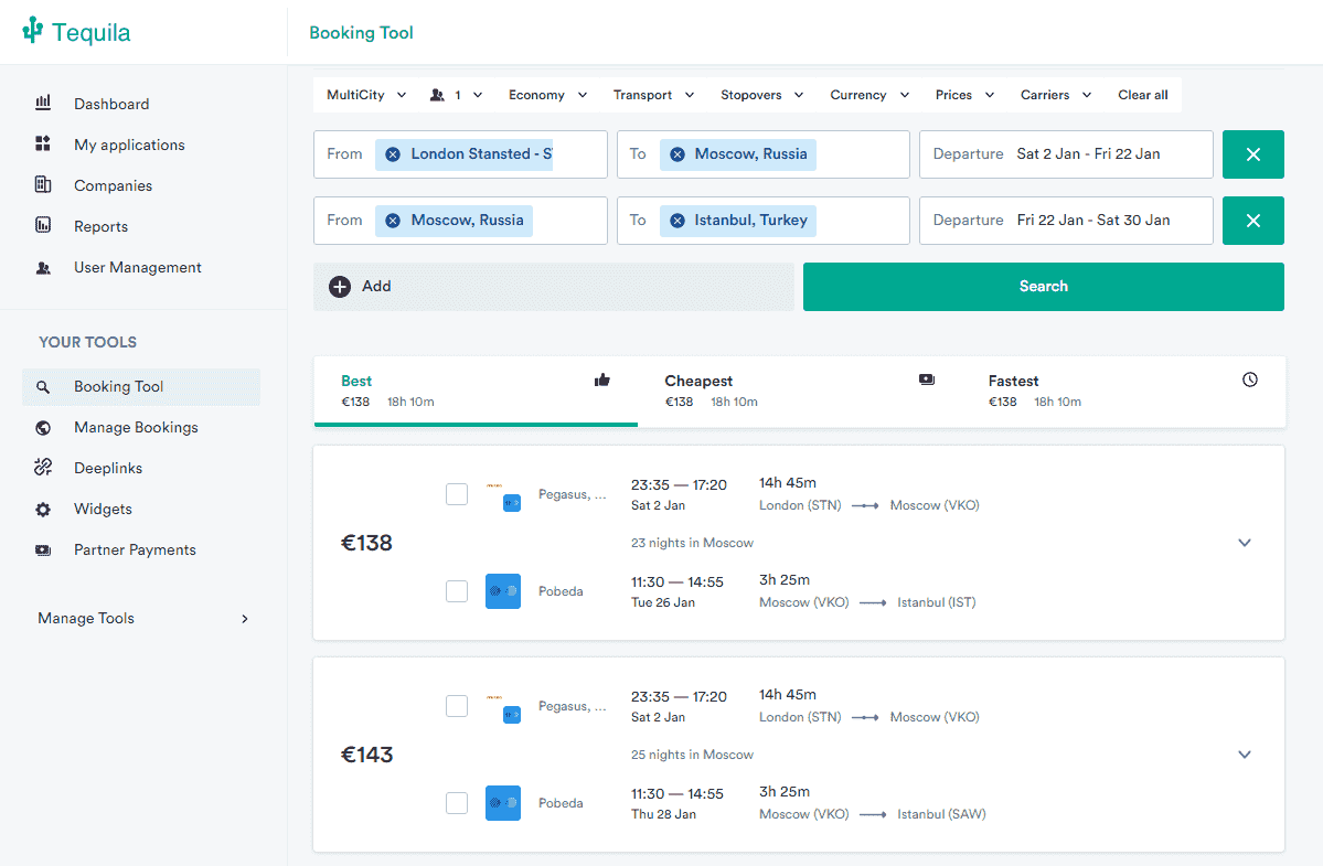 Tequila booking tool